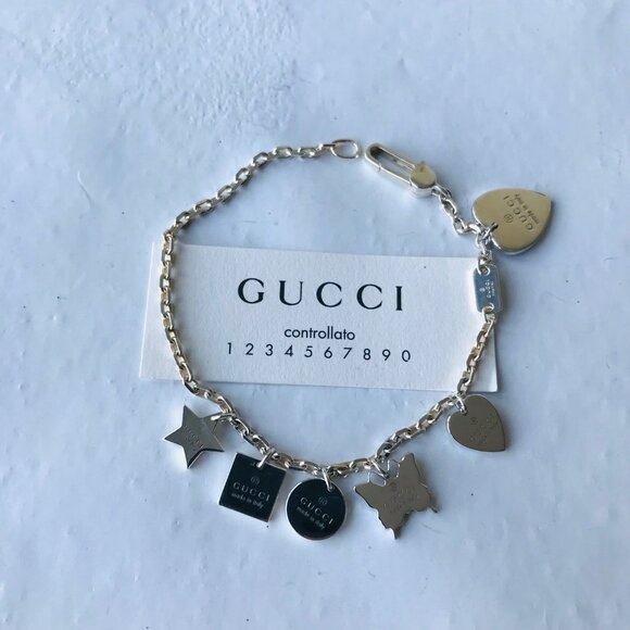 GUCCI Bracelet Sterling Silver Star Hearts Butterfly Charms w Gucci  Box - Picture 1 of 9